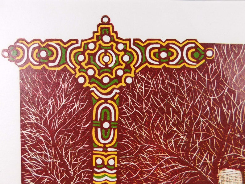 May include: A white cross with green, yellow, and red details against a red background with white lines. The cross is a stylized design with circles and curved lines.