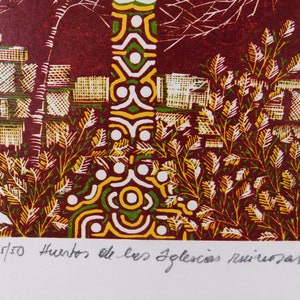 May include: A red, green, and yellow woodcut print with a geometric pattern. The print is numbered 27/50 and signed "Huertos de los Golecios Ruizrosas".