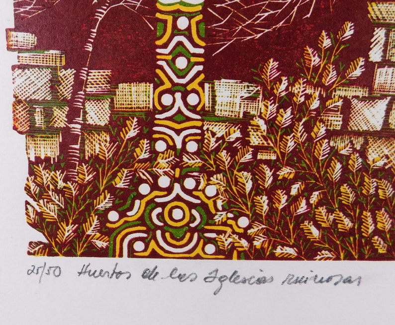 May include: A red, green, and yellow woodcut print with a geometric pattern. The print is numbered 27/50 and signed "Huertos de los Golecios Ruizrosas".