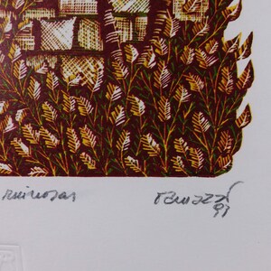 May include: A close-up of a colorful print with a red, green, and yellow pattern. The print is signed "Remuzzi 91" in the bottom right corner.