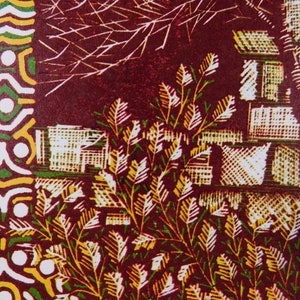 May include: A close-up of a patterned fabric with a burgundy background. The pattern features white, yellow, and green geometric shapes and stylized leaves.