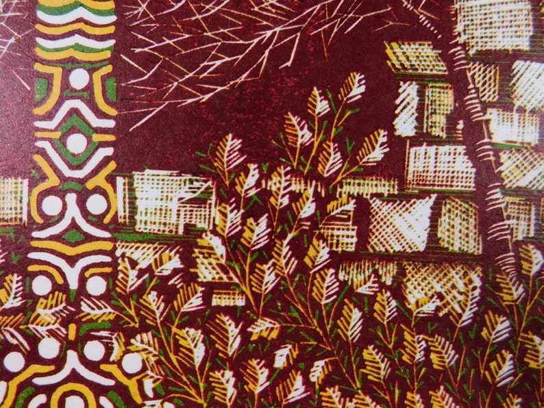 May include: A close-up of a patterned fabric with a burgundy background. The pattern features white, yellow, and green geometric shapes and stylized leaves.