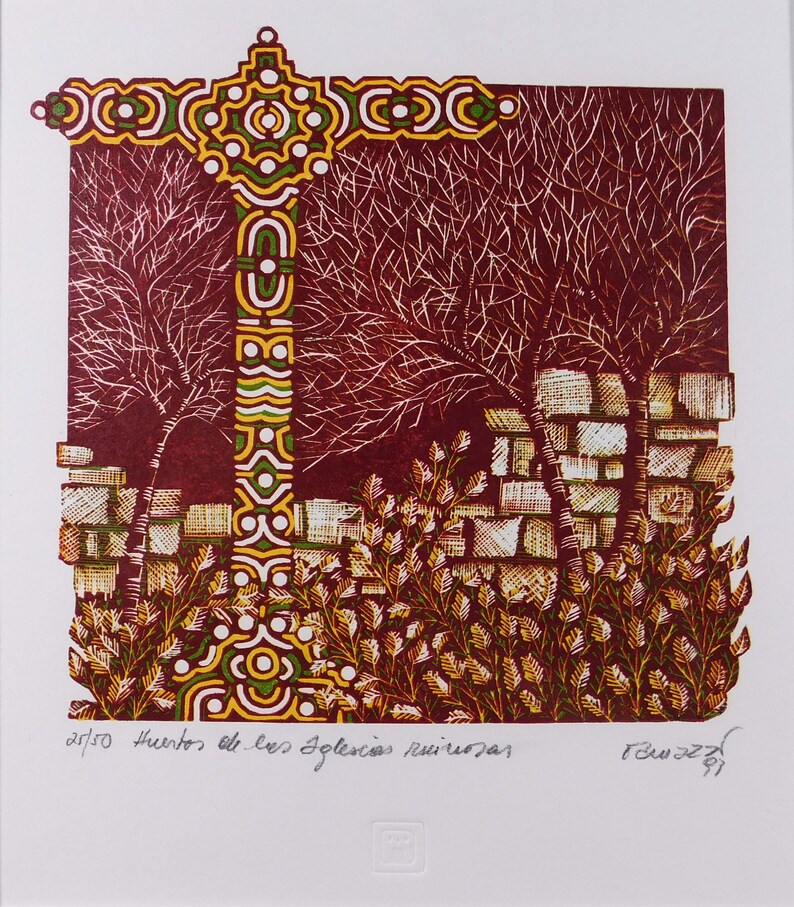 May include: A red, green, and yellow woodcut print of a cross with a geometric design. The cross is in front of a red background with white and yellow trees and a stone wall. The print is titled "Huerto de las Iglesias Ruins" and is numbered 2/150.
