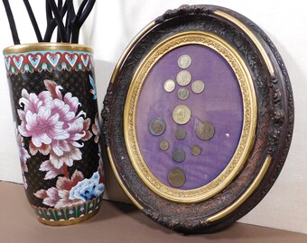 Vintage Coin Collection. Vintage Coin Art. Vintage Gothic Decor. Purple Gothic Art. Coin Art. Coin