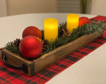 Christmas Centerpiece Dining Table Tray,Rustic Christmas Centerpiece Tray,Long Wood Centerpiece Tray,Narrow Wood Tray Centerpiece for Table