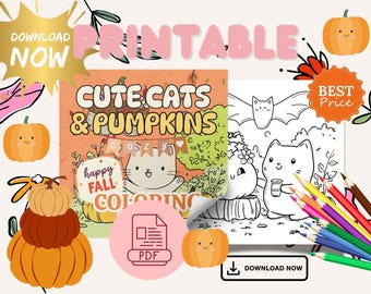 Könnte beinhalten: Ein digitales, ausdruckbares Malbuch mit dem Titel Cute Cats & Pumpkins mit herbstlichen Illustrationen von Katzen und Kürbissen. Das Bild enthält ein PDF-Symbol, einen Stapel orangefarbener Kürbisse, eine Fledermaus und Buntstifte.