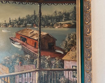 Stunning Large Vintage Original Oil on Canvas Framed, Boat Scene