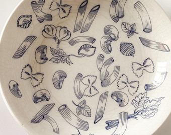 RARE Vintage Tre Ci Himark Italian "Blue Pencil Sketch" Pasta Serving Bowl, Marked Made in Italy