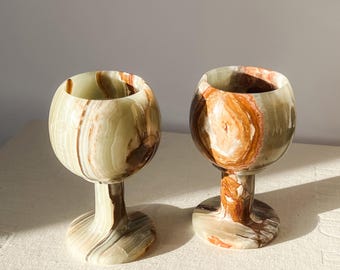 Vintage Green Carved Onyx Goblet Pair