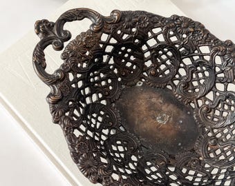 Vintage Baroque Style Aged Brass Ornate Pedestle Bowl