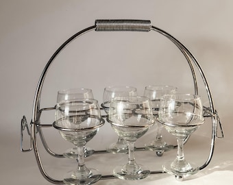 Vintage Mid Century Chrome Coup Glass Caddy Set, 7 pieces