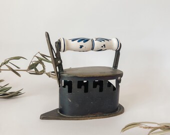 Antique Dutch Brass Coal Iron with Porcelain Blue Handle