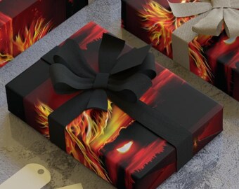 May include: Three gift boxes wrapped in red and black patterned paper with flames and a dark background. The boxes are tied with beige and black ribbon bows.