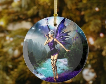 Purple Fairy Nature Scene Glass Ornament