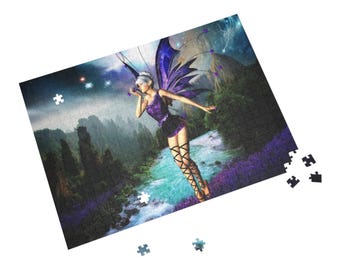 May include: A purple and blue fairy with wings flies over a blue stream in a fantasy landscape. The fairy has white hair and is wearing a purple dress and black boots. The background is a dark blue sky with stars and a forest.