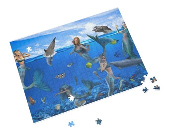 May include: A colourful jigsaw puzzle featuring mermaids swimming with dolphins in a blue ocean. The puzzle pieces are scattered around the main image.