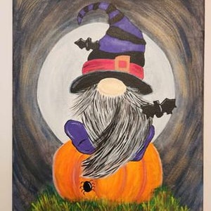 May include: A Halloween-themed painting of a gnome wearing a witch hat, sitting on an orange pumpkin. The gnome has a long gray beard and is set against a full moon and dark background. A small black spider is on the pumpkin.