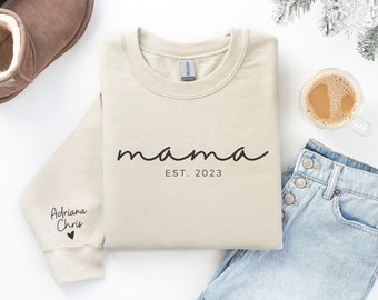 Personalized Mama Sweatshirt with Kid Name on Sleeve, Custom Mom Sweater Hoodie, New Mom Gift Est Year, Christmas Gift for Her, Gift for Mom