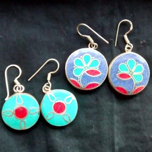 Handmade Tibetan Earrings - Red Coral, Turquoise, and Lapis Lazuli