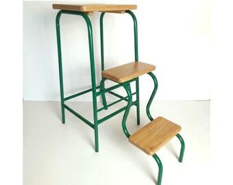 Emerald Green Step Stool, Natural Oak Convertible Chair, 2-in-1 Kitchen Stepladder, Wood Plant Stand, Fully Assembled