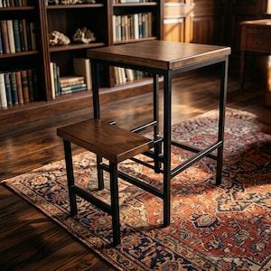 Op de afbeelding: Een opstapje met een vierkant houten blad en een lagere houten trede, ondersteund door een zwart metalen frame. Het ontwerp bevat een hoge verticale structuur met vier poten en een kleiner, lager platform dat aan de voorzijde is bevestigd.