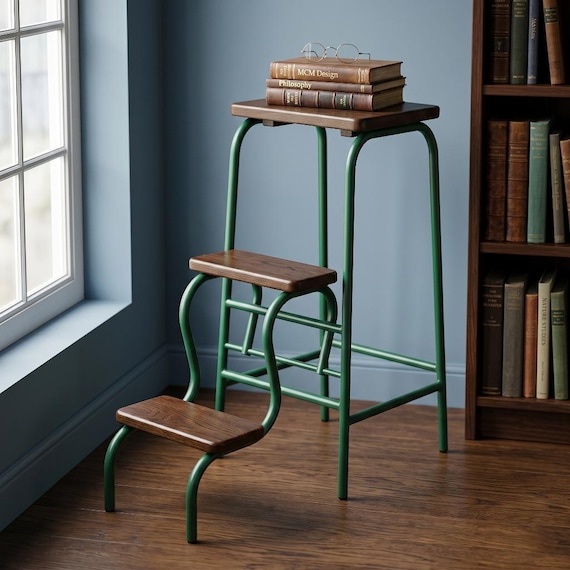 Dark Oak Step Stool, Emerald Green Convertible Chair, 2-in-1 Walnut Wood Stepladder, Vintage Style Stool, Fully Assembled