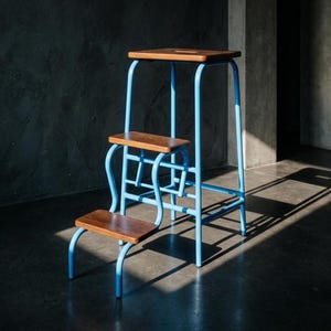 May include: A three-step ladder featuring a bright light blue tubular metal frame and three rectangular wooden steps with a natural grain finish. The structure includes a tall top platform and two lower steps supported by curved metal supports.