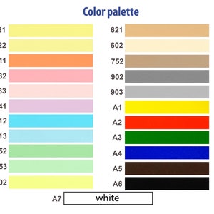 Op de afbeelding: Een kleurenwaaier met diverse kleurstalen, elk gelabeld met een nummer. De waaier bevat tinten geel, oranje, roze, paars, blauw, groen en neutrale tinten, samen met primaire kleuren en het woord "wit". De titel "Color palette" staat bovenaan.