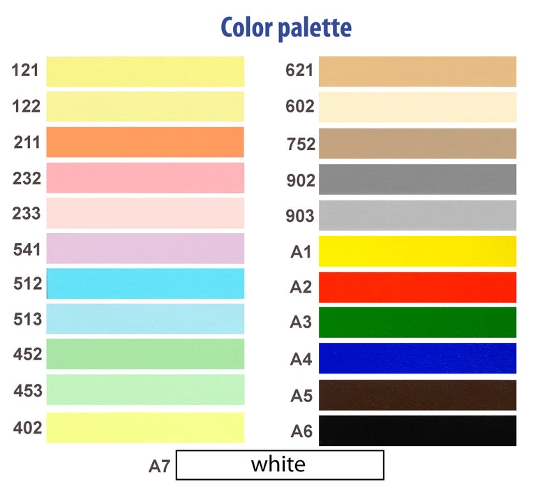 Op de afbeelding: Een kleurenwaaier met diverse kleurstalen, elk gelabeld met een nummer. De waaier bevat tinten geel, oranje, roze, paars, blauw, groen en neutrale tinten, samen met primaire kleuren en het woord "wit". De titel "Color palette" staat bovenaan.