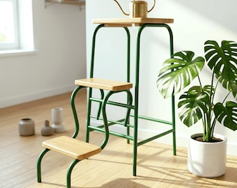 Aesthetic Green Step Stool, Oak Convertible Chair, 2-in-1 Stepladder for Home Library, Space Saving Furniture, Fully Assembled