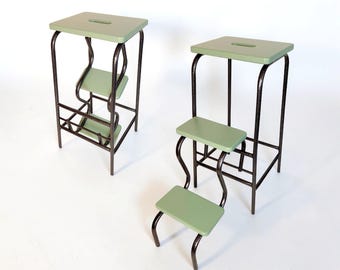 Taburete convertible verde salvia y silla plegable tipo escalera de madera de color personalizado.
