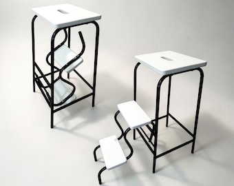 黒と白のステップスツール｜モダンなコンバーチブルチェア｜2in1キッチンステップラダー｜省スペース木製＆金属製ラダー｜組み立て済み