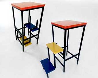 Taburete transformable de colores, silla metálica en colores primarios, escalera de cocina moderna, totalmente ensamblada.