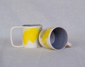 Ceramic Mugs with Abstract Pattern | Gray - Yellow Mug | Brush Splash Pattern Mug | Gift for Coffee Lovers