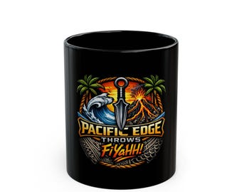 Taza con logo de ancla de Pacific Edge / Volcán, palmeras, ambiente surfero para lanzar cuchillos