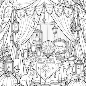 May include: A black and white coloring page illustration featuring a fortune teller tent with a crystal ball, tarot cards, candles, and a cat. The scene includes hanging lanterns, pumpkins, autumn leaves, and a raven perched on a wooden post.