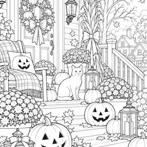 May include: A black and white coloring page illustration featuring a front porch decorated for autumn. The scene includes a cat sitting on steps surrounded by jack-o'-lanterns, potted flowers, lanterns, a wreath on the door, and falling leaves.