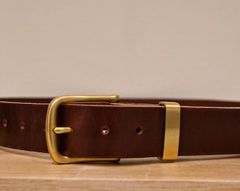Havana Brown Leather Belt: 1.5in Full Grain Herman Oak, Brass or Stainless Buckle