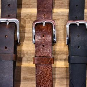 Full Grain Buffalo Leather Belt, 1.5 Inch Heavy Duty Jeans Belt, Solid Brass Buckle Shiny Stainless