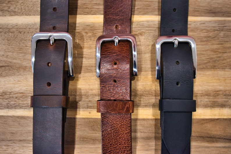 Full Grain Buffalo Leather Belt, 1.5 Inch Heavy Duty Jeans Belt, Solid Brass Buckle Shiny Stainless