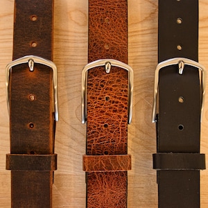 Full Grain Buffalo Leather Belt, 1.5 Inch Heavy Duty Jeans Belt, Solid Brass Buckle Thin Matte Stainless
