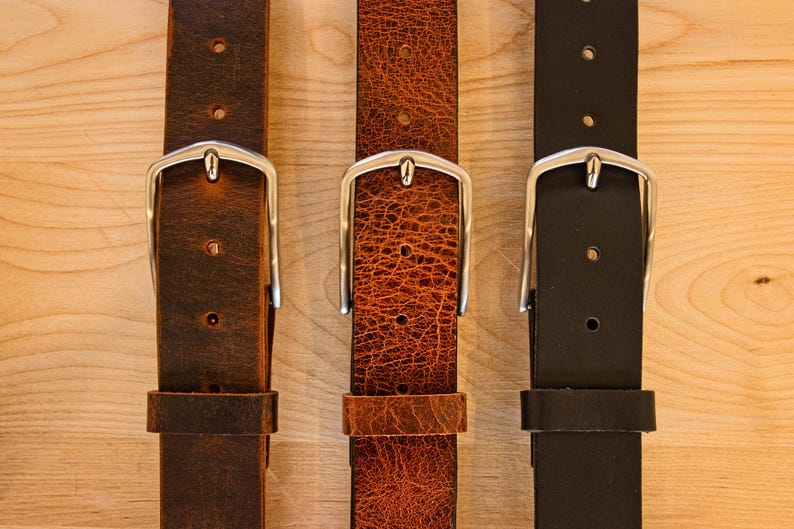 Full Grain Buffalo Leather Belt, 1.5 Inch Heavy Duty Jeans Belt, Solid Brass Buckle Thin Matte Stainless