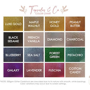 May include: Colour chart displaying 12 glitter cardstock colours: Luxe Gold, Maple Walnut, Honey Gold, Peanut Butter, Black Sesame, French Vanilla, Diamond, Charcoal, Blueberry, Sea Salt, Forest Green, Pistachio, Galaxy, Lavender, Fuschia, and Cotton Candy. *NOTE: 300gsm Glitter Cardstock are one-sided due to its nature with smooth, white backings. Colour variations may occur due to screen settings.