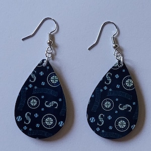 Seattle Mariners baseball inspired tearrdrop wooden  dangle earrings, Game Day Wear, Great Gift