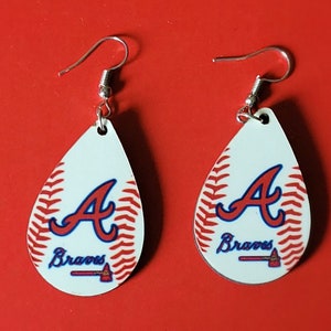 Atlanta Braves baseball inspired tearrdrop wooden  dangle earrings, Game Day Accessory, Baseball Jewelry