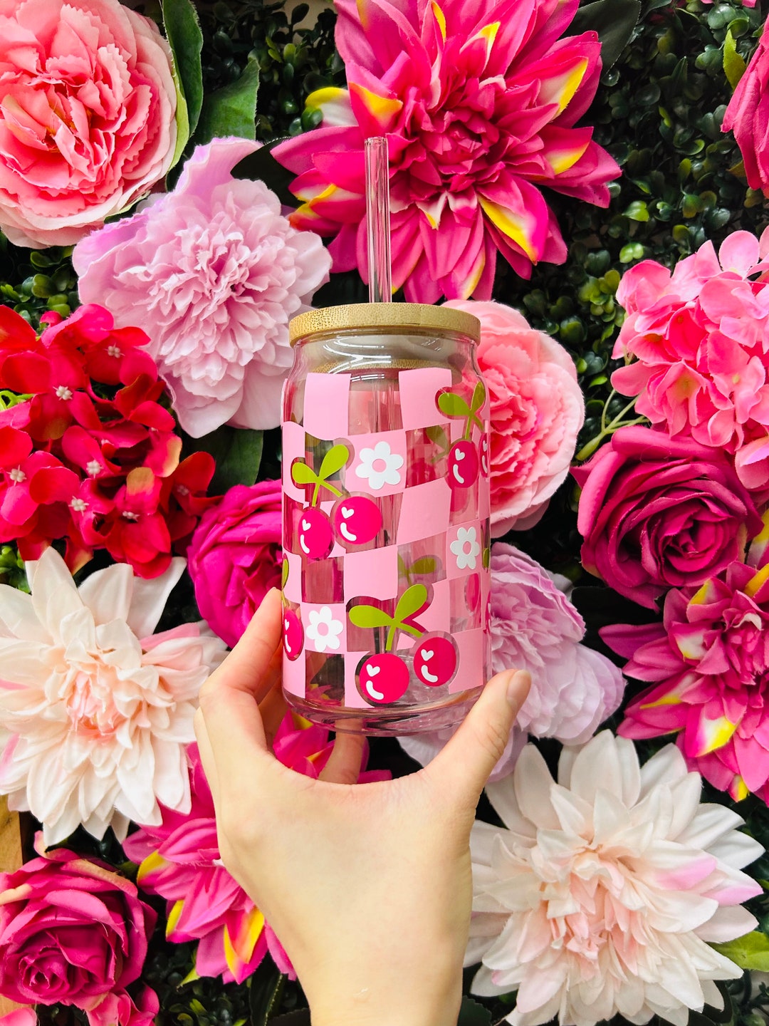 16 Oz Pink Cherry Glass Cup Coffee Cup Soda Can Glass beer Can Glass