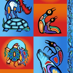 May include: A colourful, stylised illustration of Native American art featuring a variety of animals, including birds, fish, and a wolf. The artwork is divided into four sections, each with a different animal. The colours are bright and vibrant, and the lines are bold and geometric.