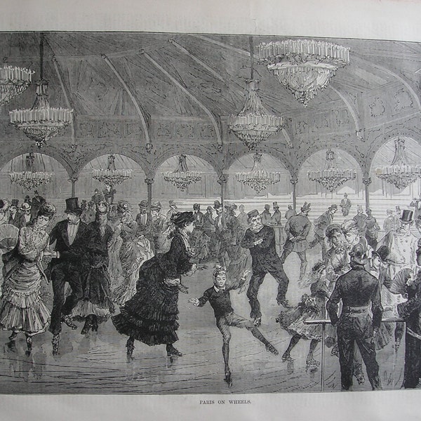 1876 'PARIS SUR ROUES'. Roller. Gravure de magazine victorien