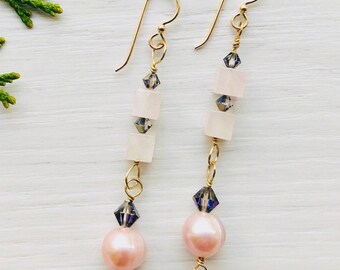 gemstone, gift for her Woman earrings valentines long dangle earings Stunning Garnets 14K Gold Pearls and Hematite