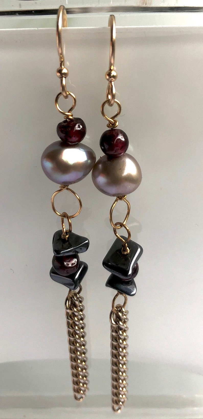 gemstone, gift for her Woman earrings valentines long dangle earings Stunning Garnets 14K Gold Pearls and Hematite